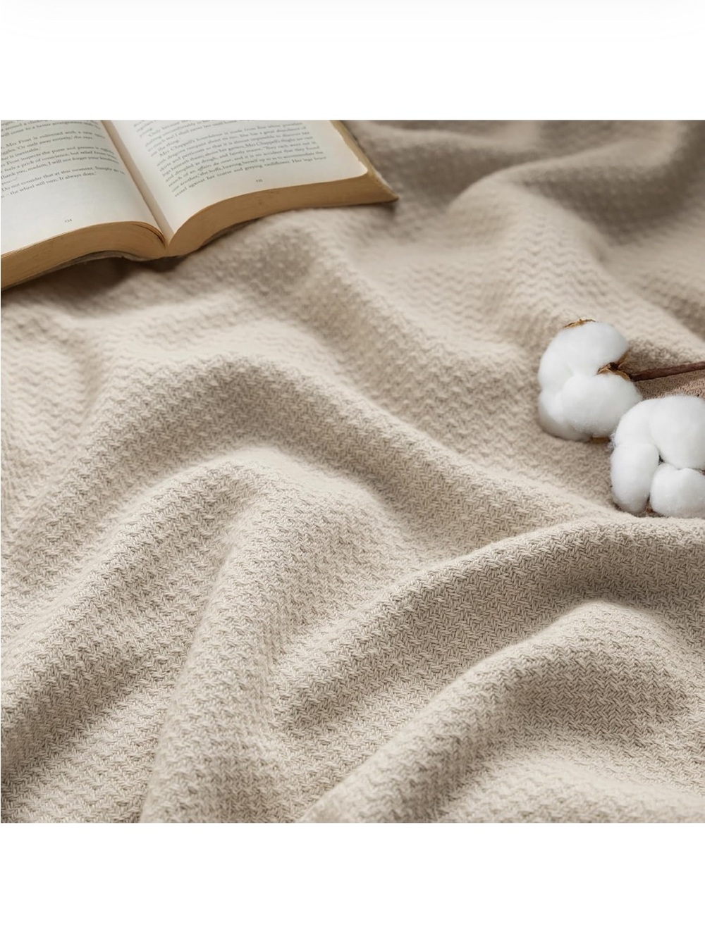 NEW Bedsure 100% Cotton Blanket, Herringbone Weave, Twin-XL, Linen Beige